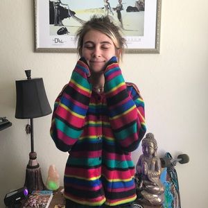 80s Button up rainbow striped fuzzy sweater